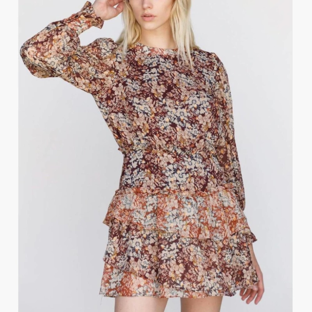 Moodie Floral Tiered Ruffle Mini Dress in Burgundy and Rust